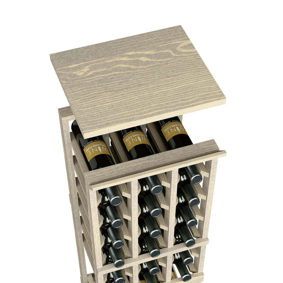 Gray stained solid top shelf for a 3-column wine rack with wooden frame