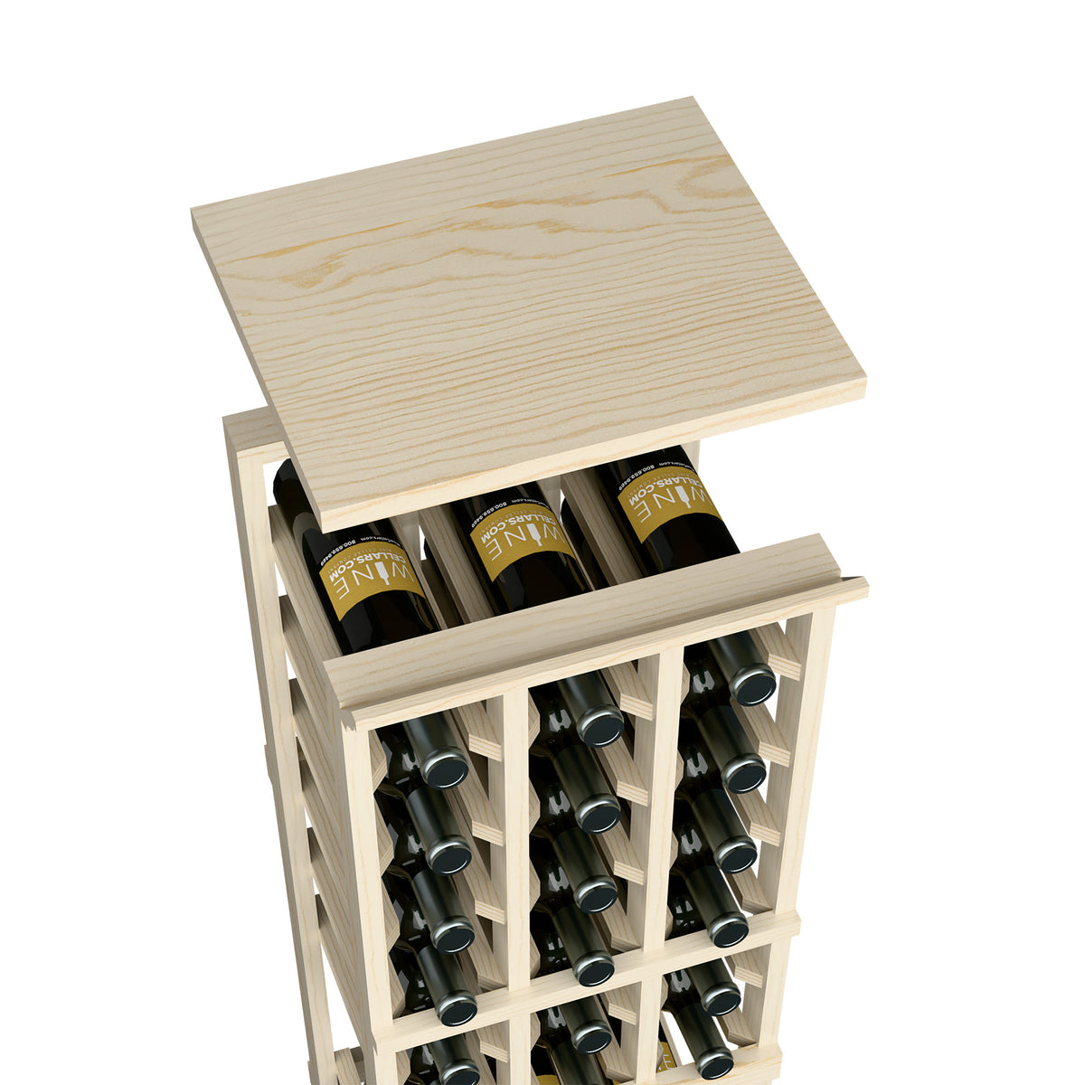 Light wood top shelf for a 3-column wine rack with sturdy wooden frame