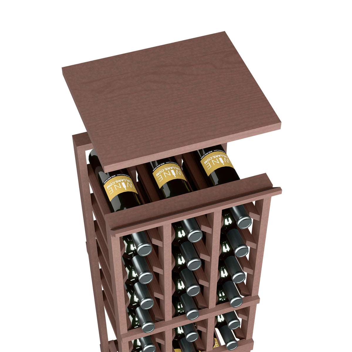 Dark brown stained top shelf for a 3-column wine rack with wood compartments