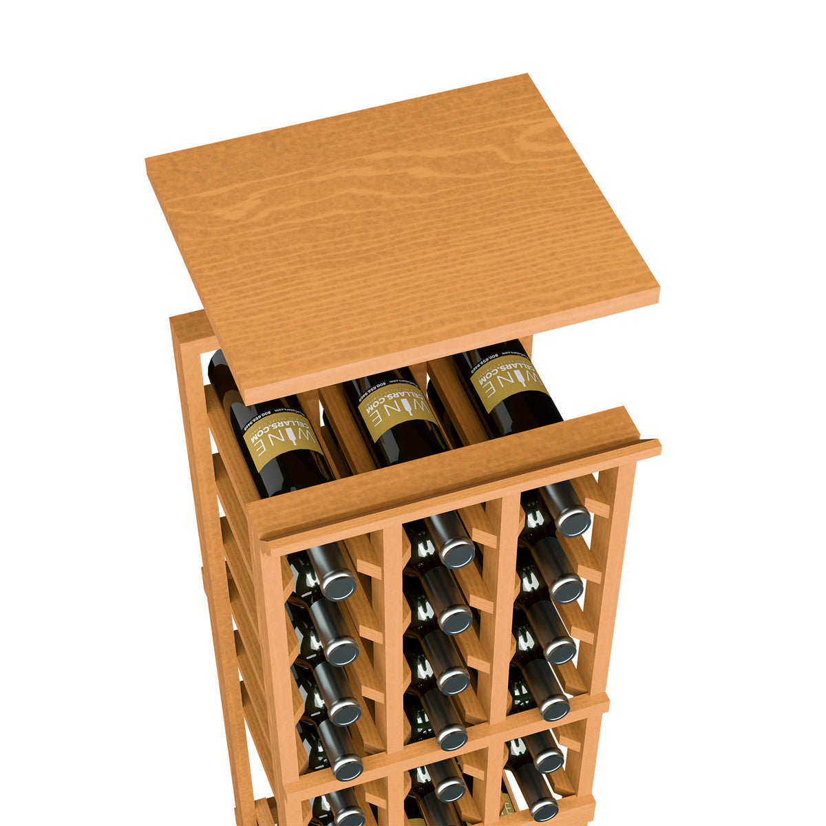 Natural tan top shelf for a 3-column wine rack with wood slat frame