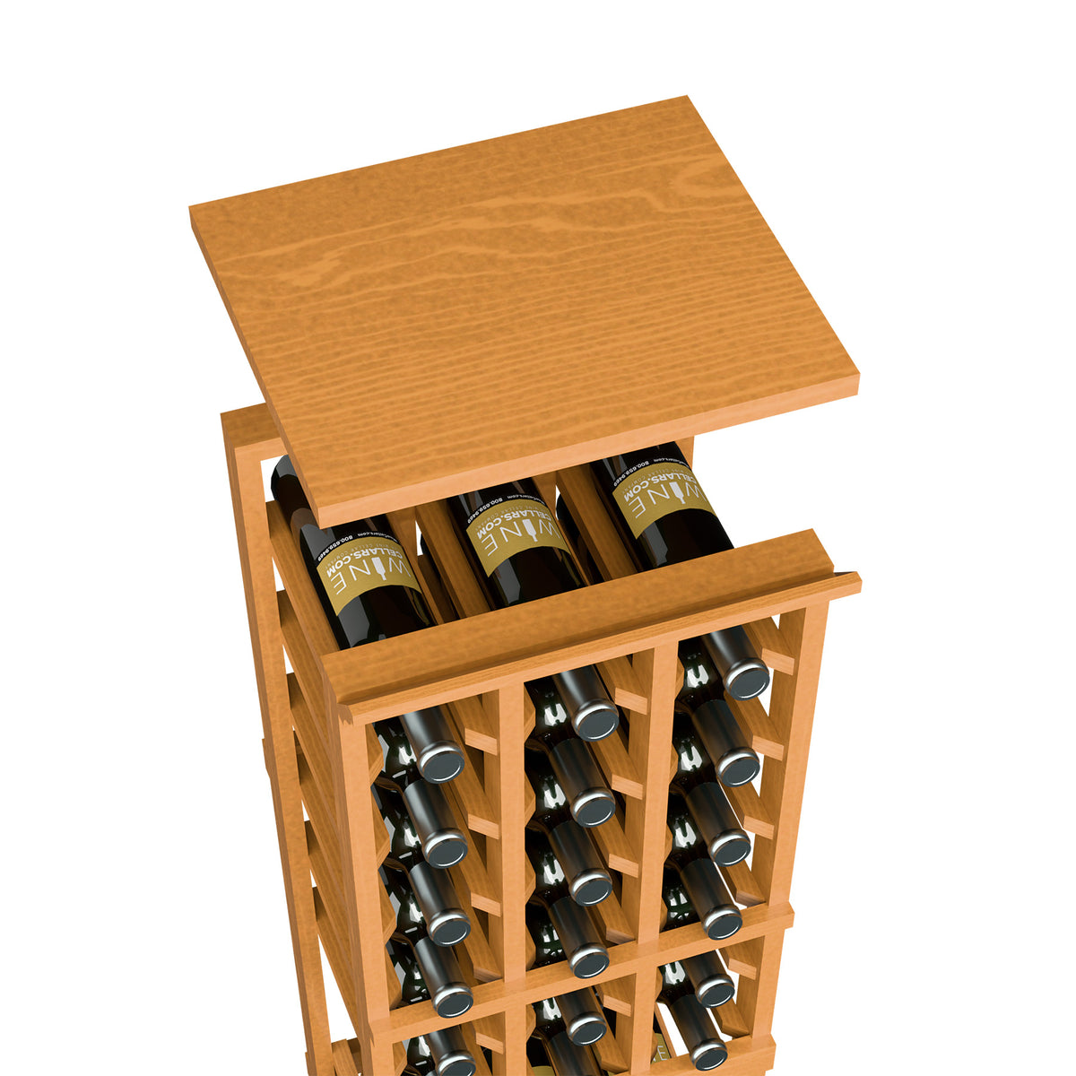 Warm tan top shelf for a 3-column wine rack with rectangular bottle slots