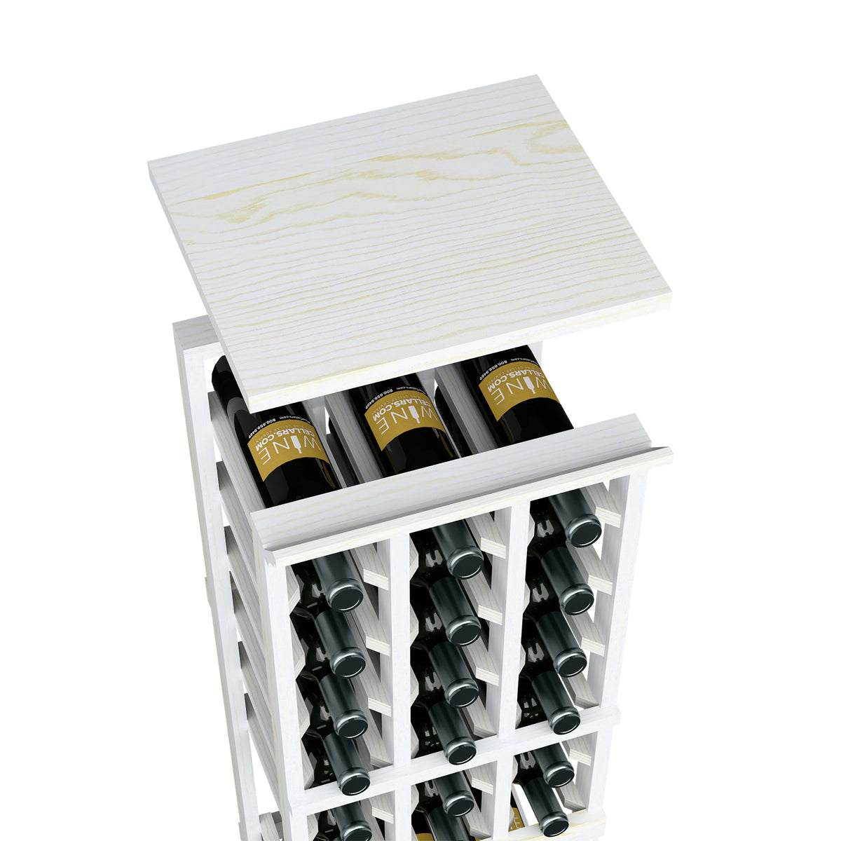White stained top shelf for a 3-column wine rack with wooden bottle compartments