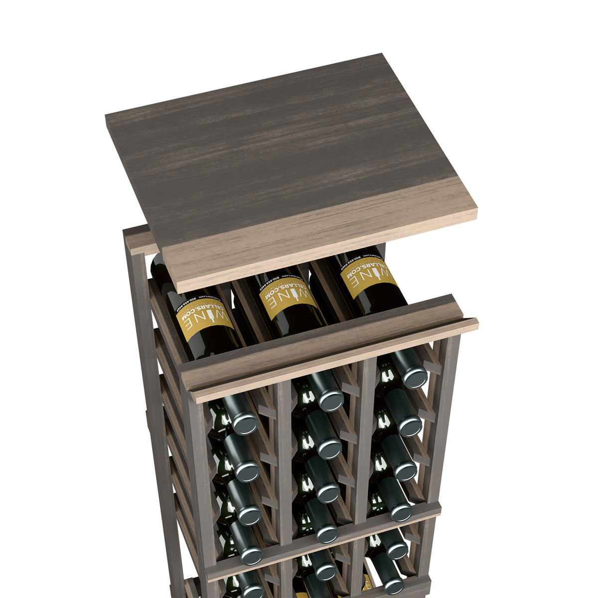 Dark wood top shelf for a 3-column wine rack, with bottle slots below