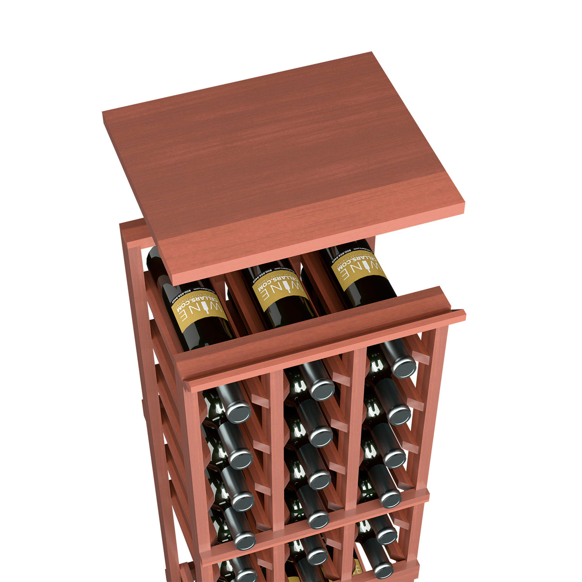 Warm red wood top shelf for a 3-column wine rack, with bottle cubbies below