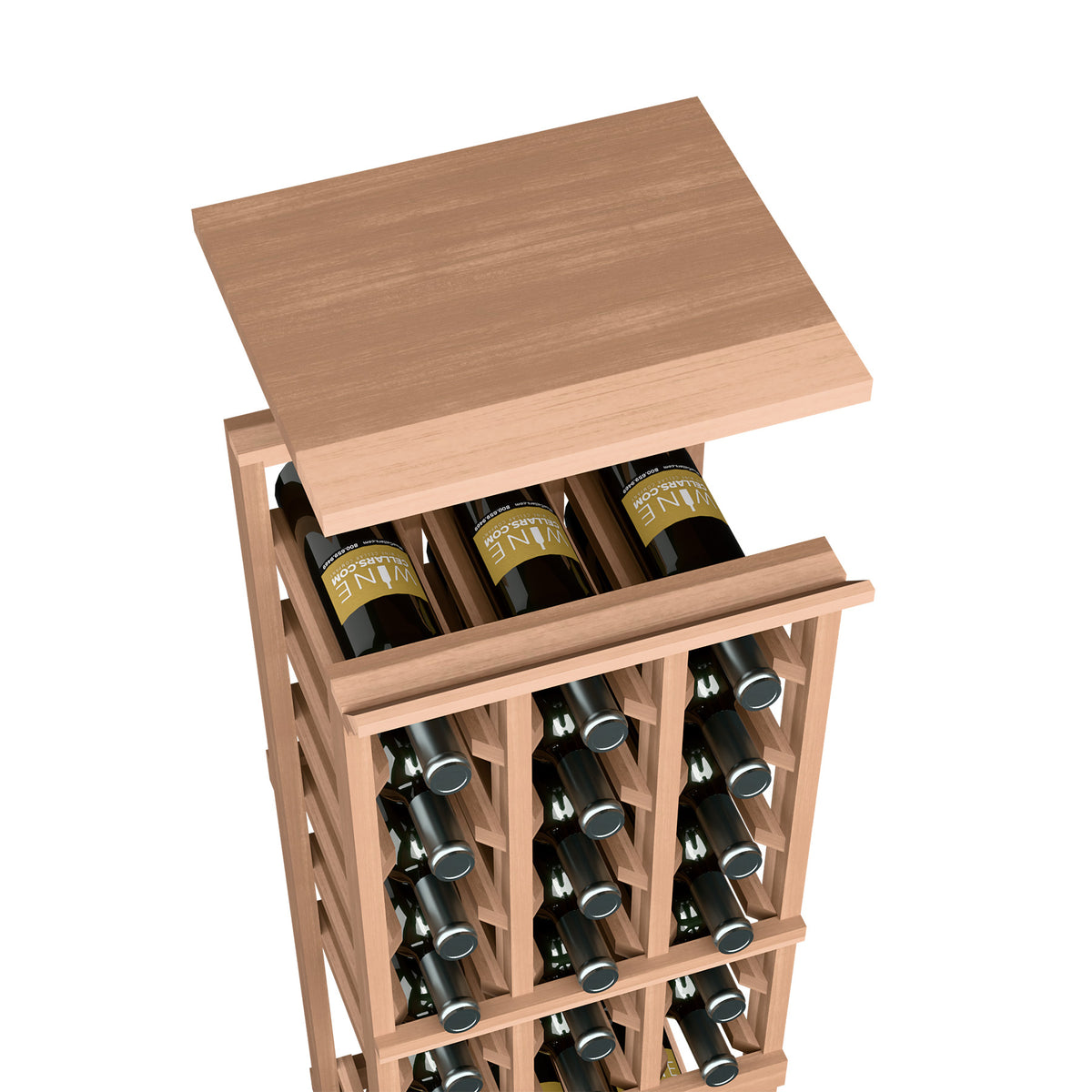 Light wood top shelf for a 3-column wine rack, with bottle slots and row dividers