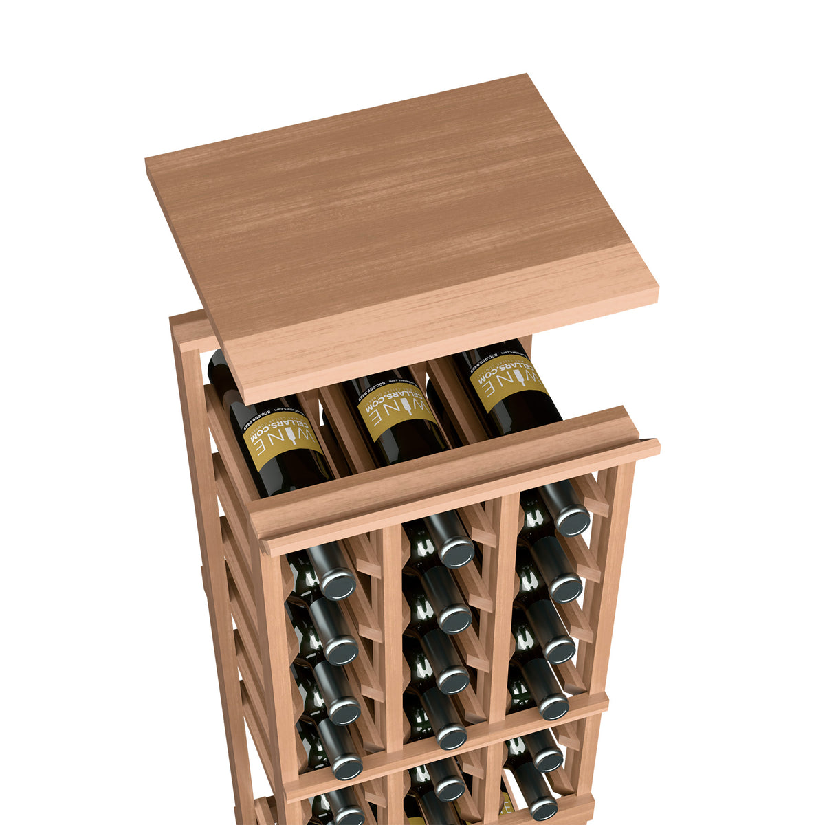 Light tan wood top shelf for a 3-column wine rack, with open bottle cubbies