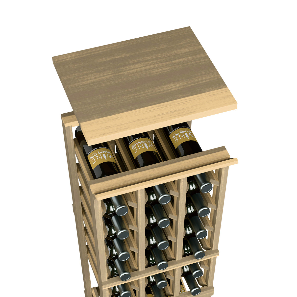 Medium light wood top shelf for a 3-column wine rack, with bottle slots below