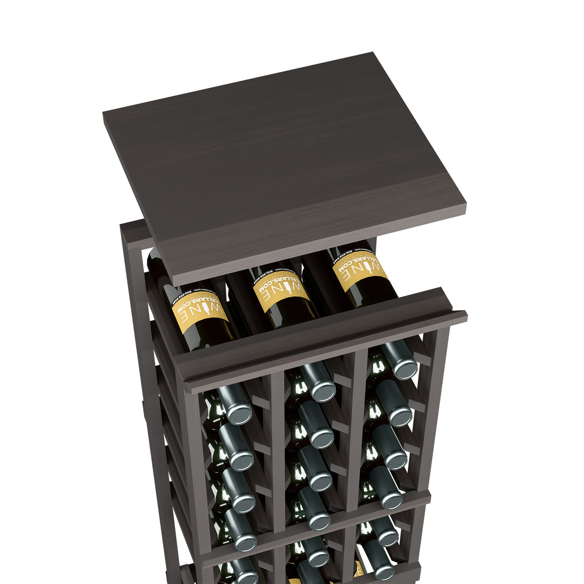 Dark espresso-style wood top shelf for a 3-column wine rack, with bottle cubbies