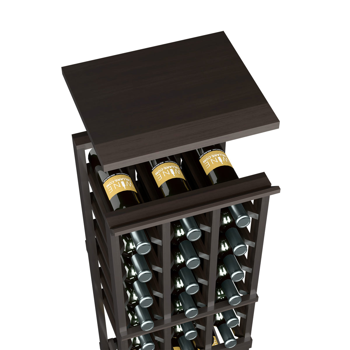 Dark stained wood top shelf for a 3-column wine rack, with bottle slots below