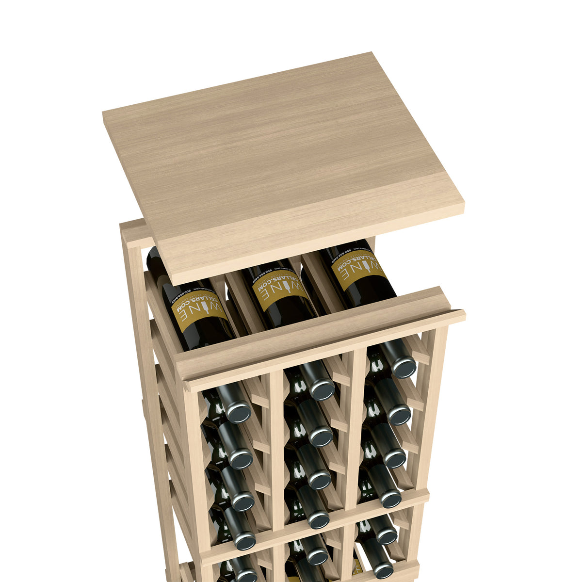 Wine bottle rack with flat top shelf, light natural wood finish