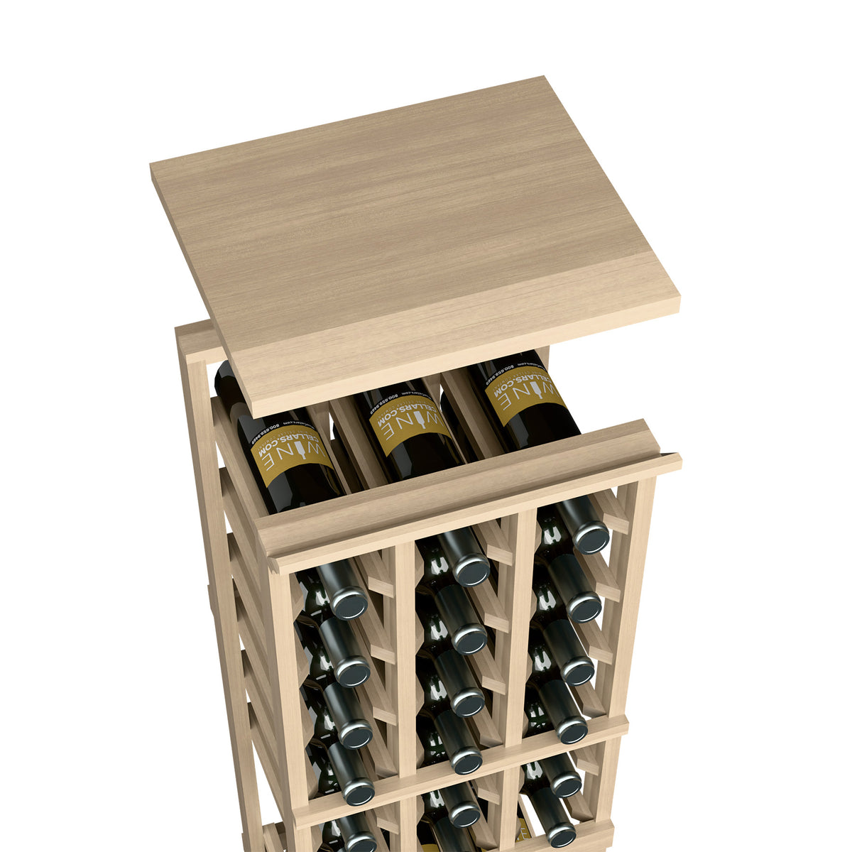 Wine bottle rack with flat top shelf, light wood finish with front open slots