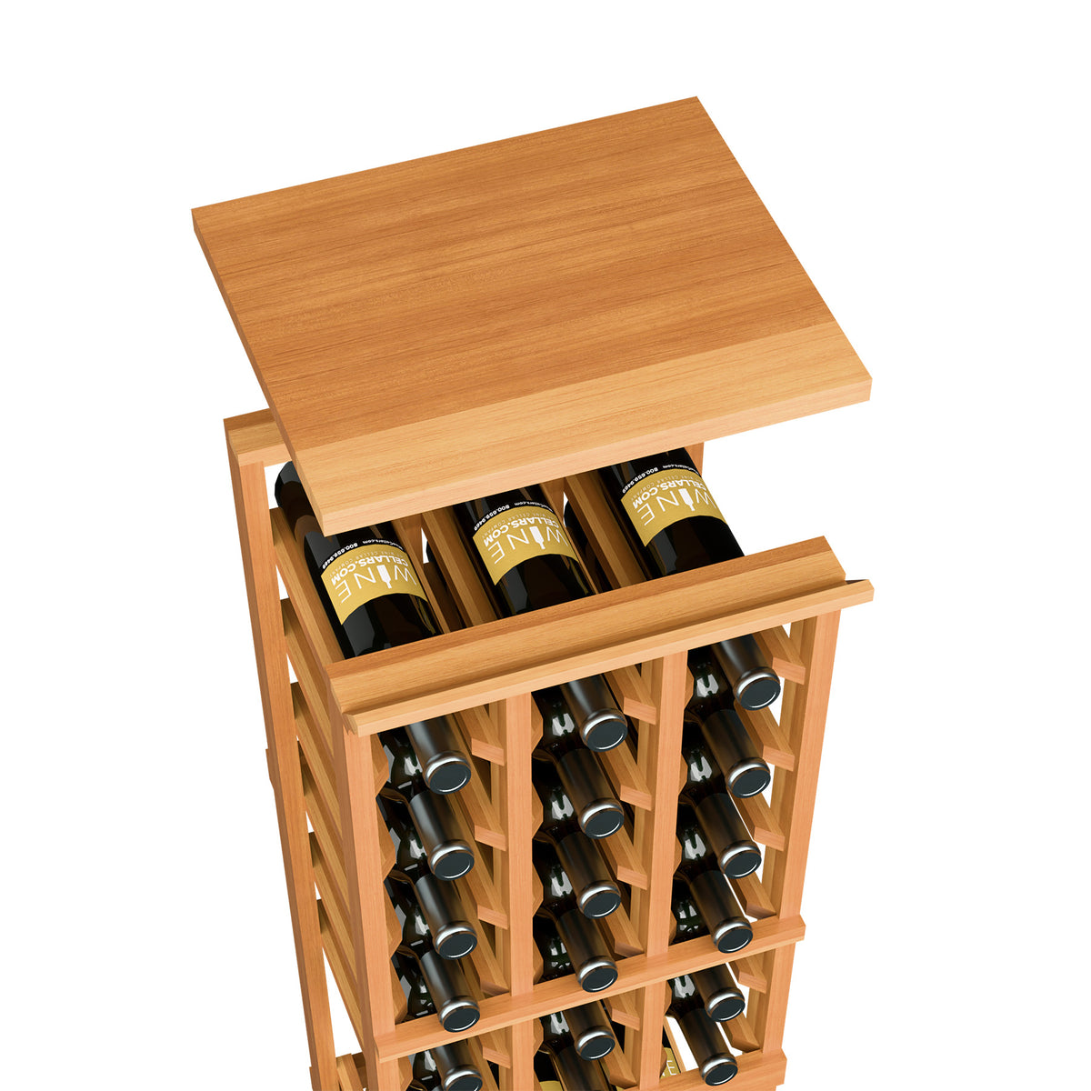 Wine bottle rack with flat top shelf, honey-colored wood finish