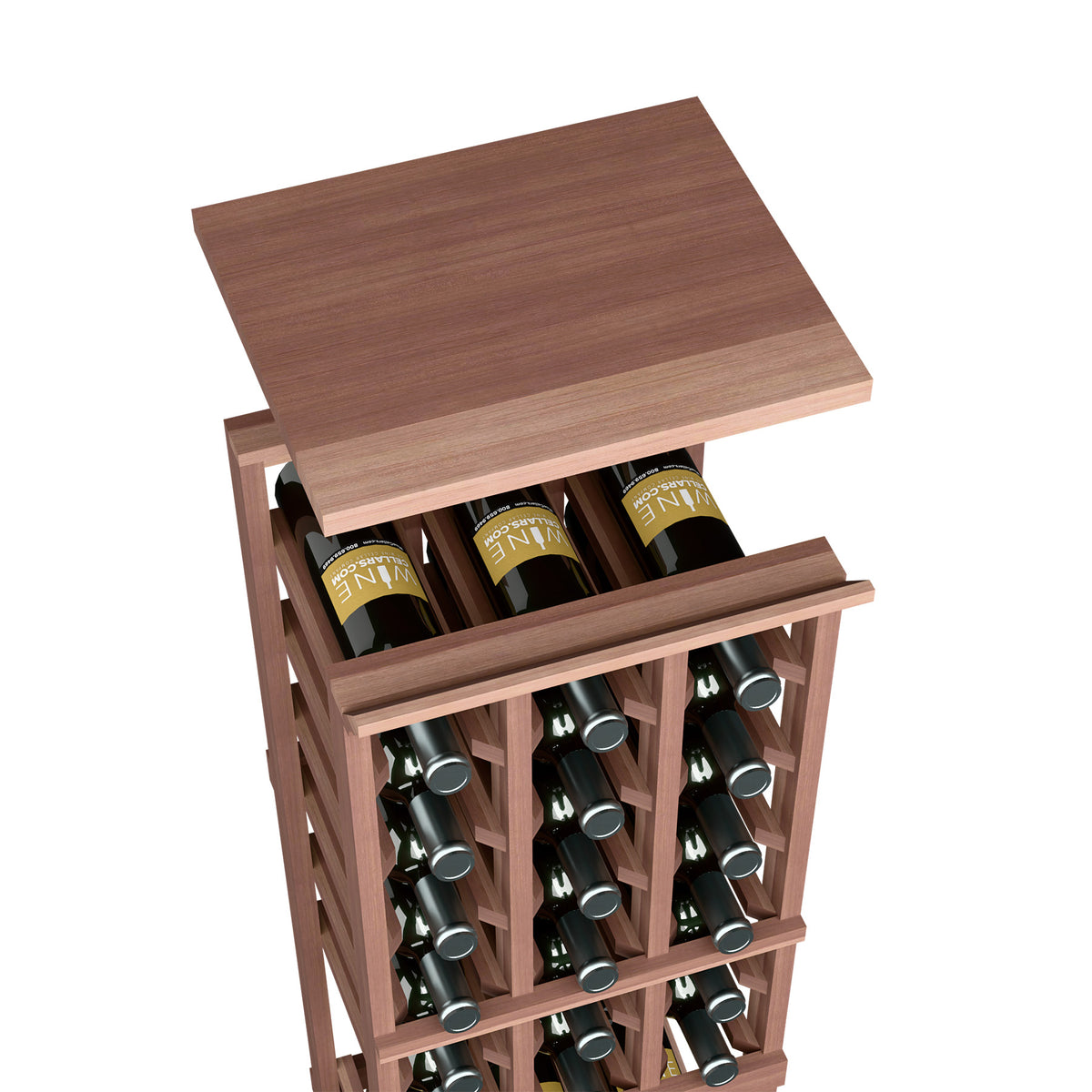 Wine bottle rack with flat top shelf, medium dark brown wood finish