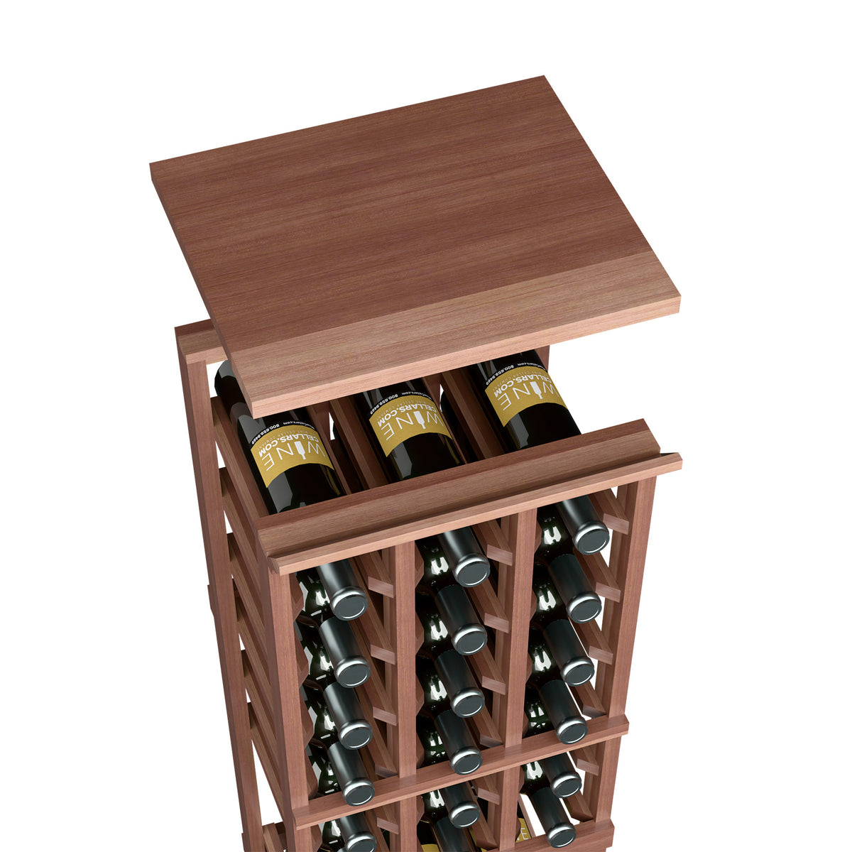 Wine bottle rack with flat top shelf, reddish medium brown wood finish