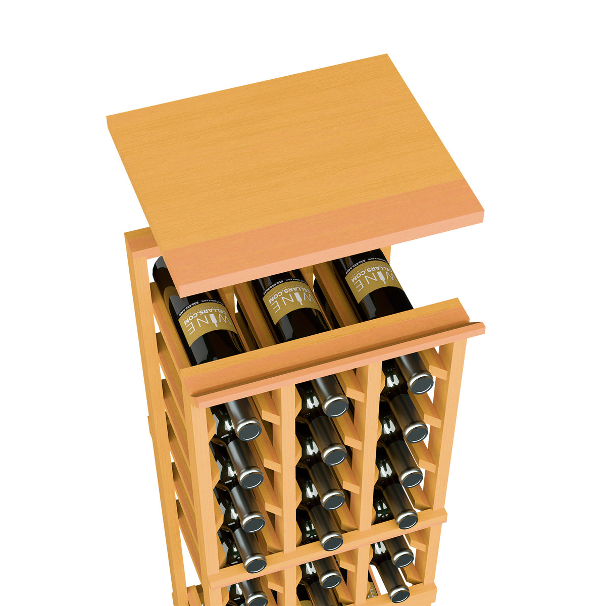 Wine bottle rack with flat top shelf, light golden wood finish