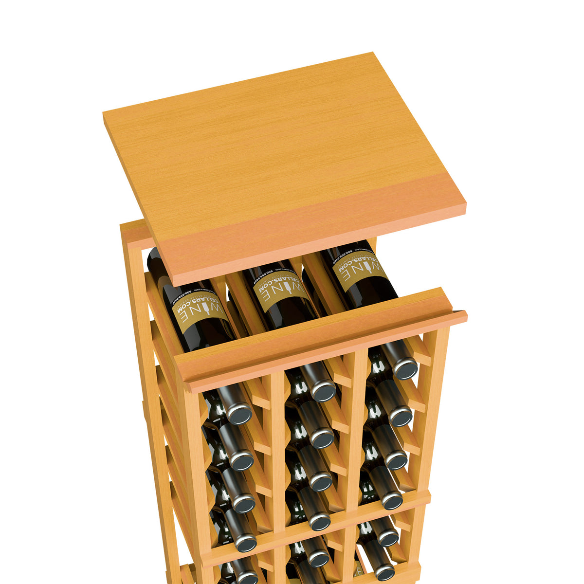 Wine bottle rack with flat top shelf, pale yellow wood finish