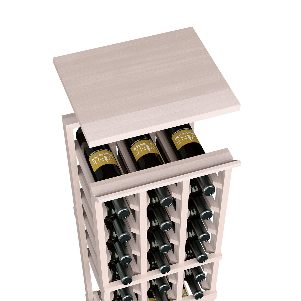 Wine bottle rack with flat top shelf, whitewashed light wood finish