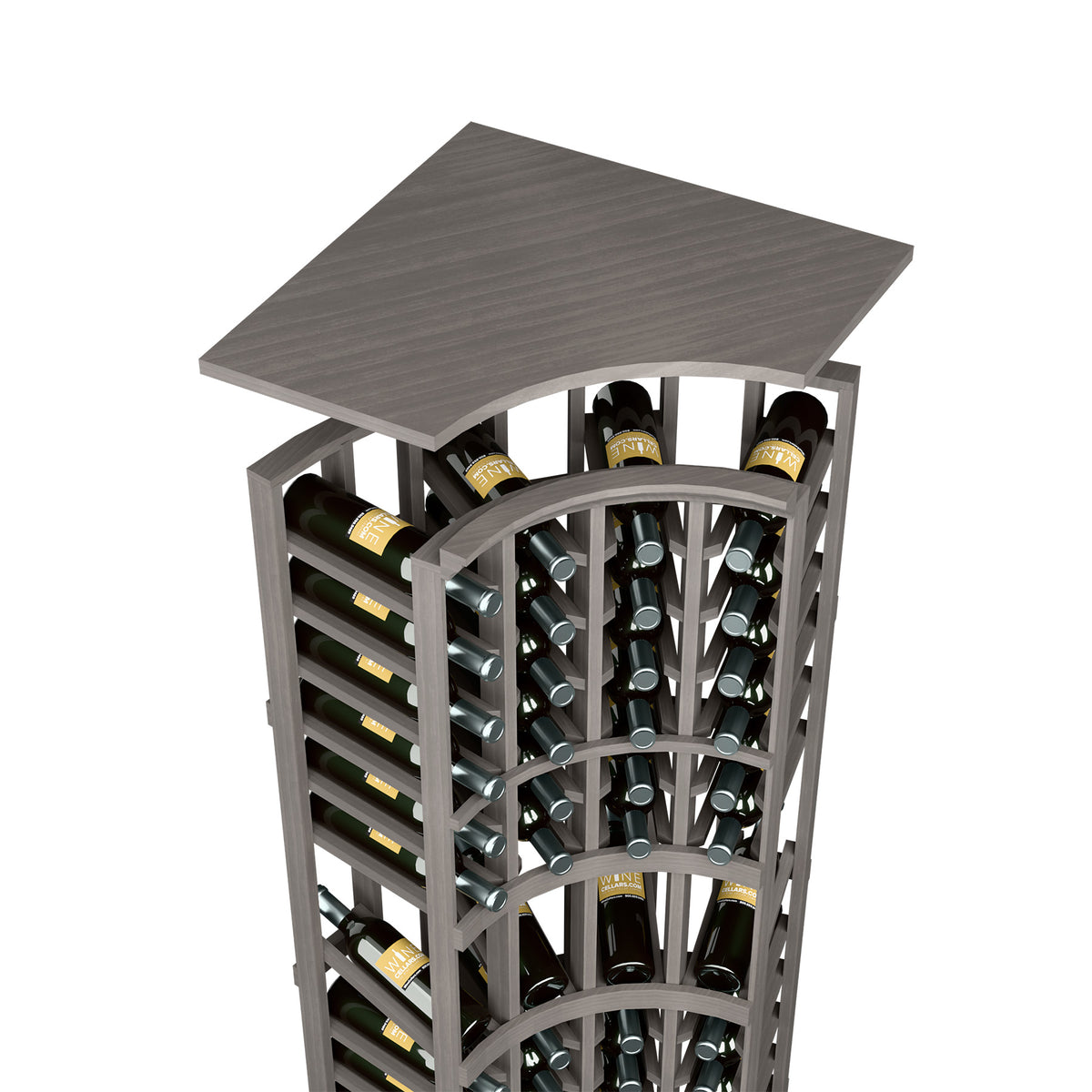 Gray-stained wood wine bottle rack with arched top shelf and circular bottle slots