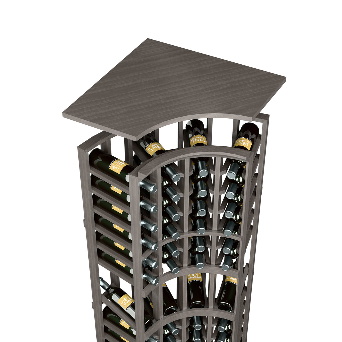 Gray-stained wood wine bottle rack, arched top shelf above circular bottle holders