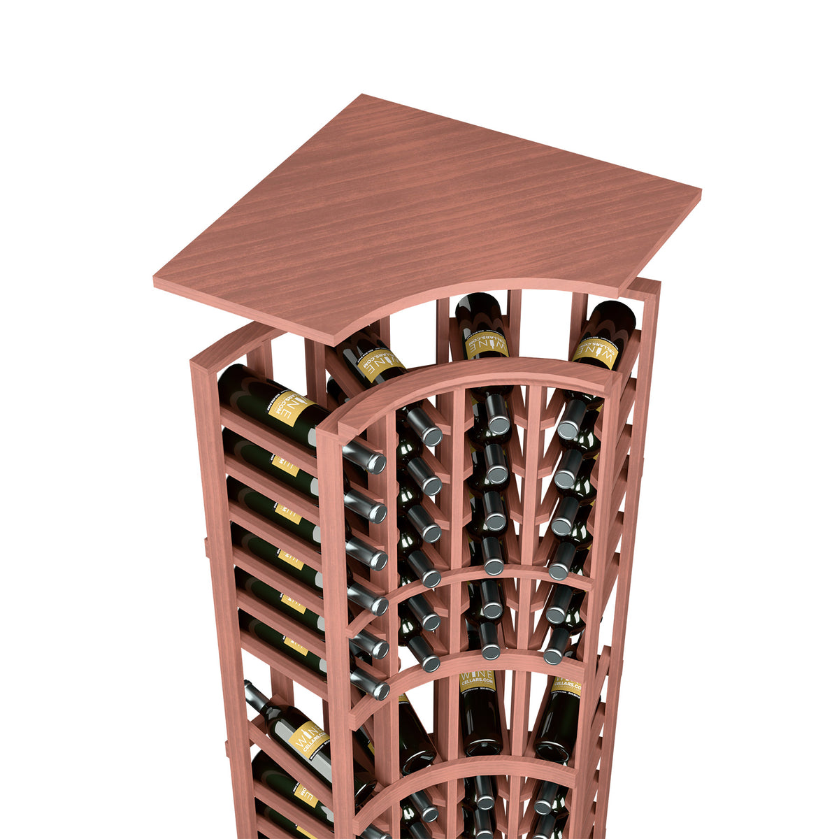 Red-brown stained wood wine bottle rack with arched top shelf and circular holders