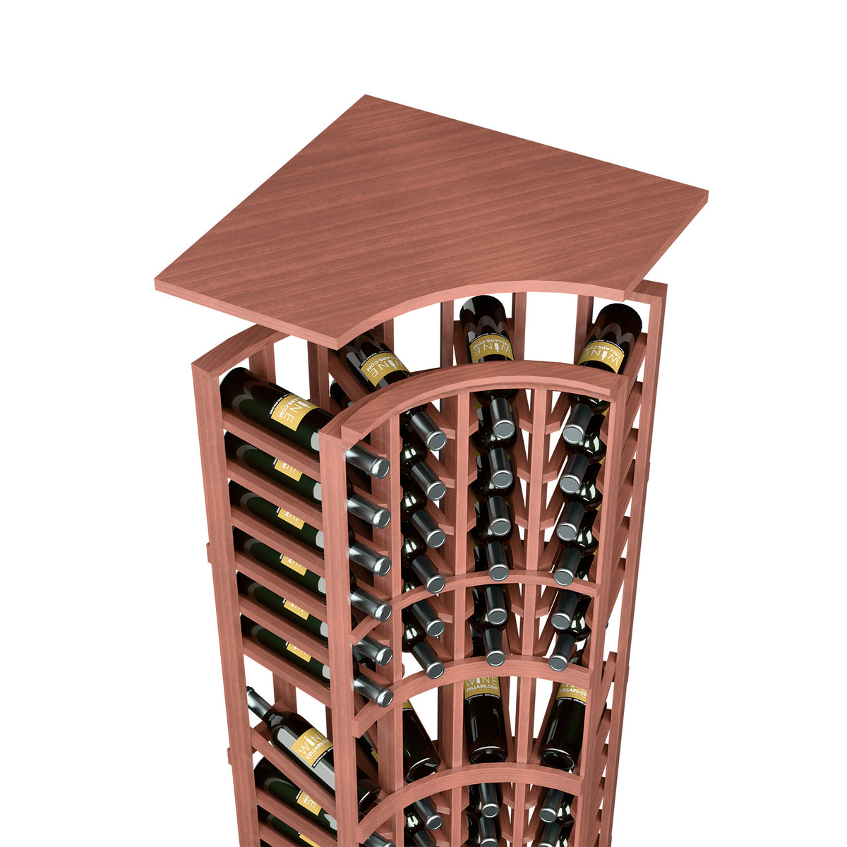 Red-brown stained wood wine bottle rack with arched top shelf and circular bottle slots