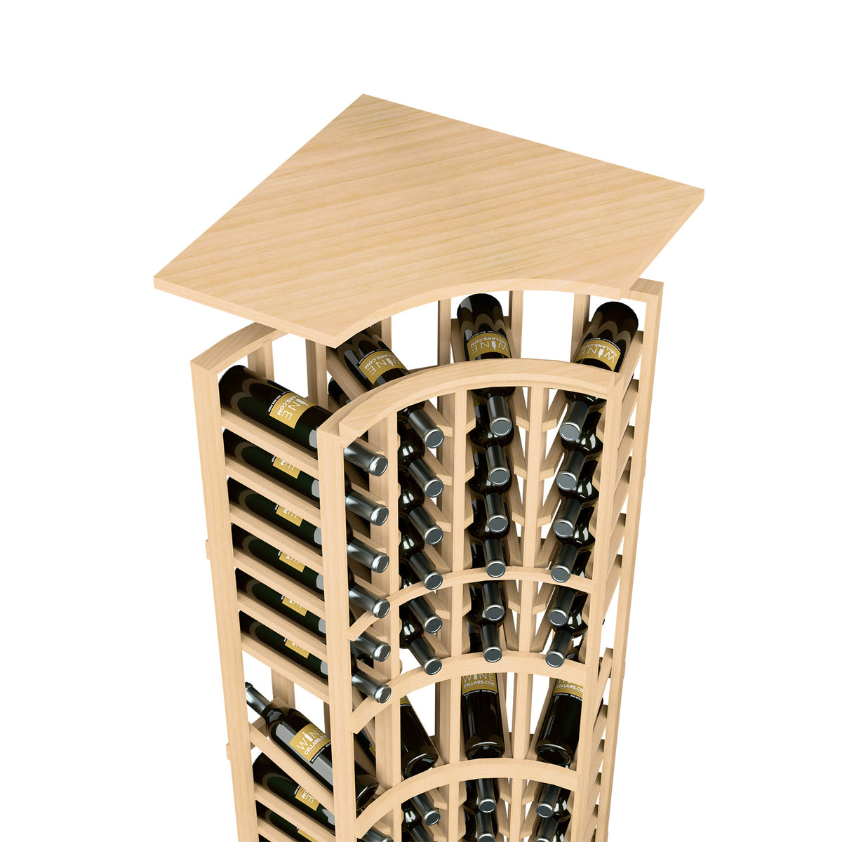 Light natural wood wine bottle rack with arched top shelf and circular bottle holders