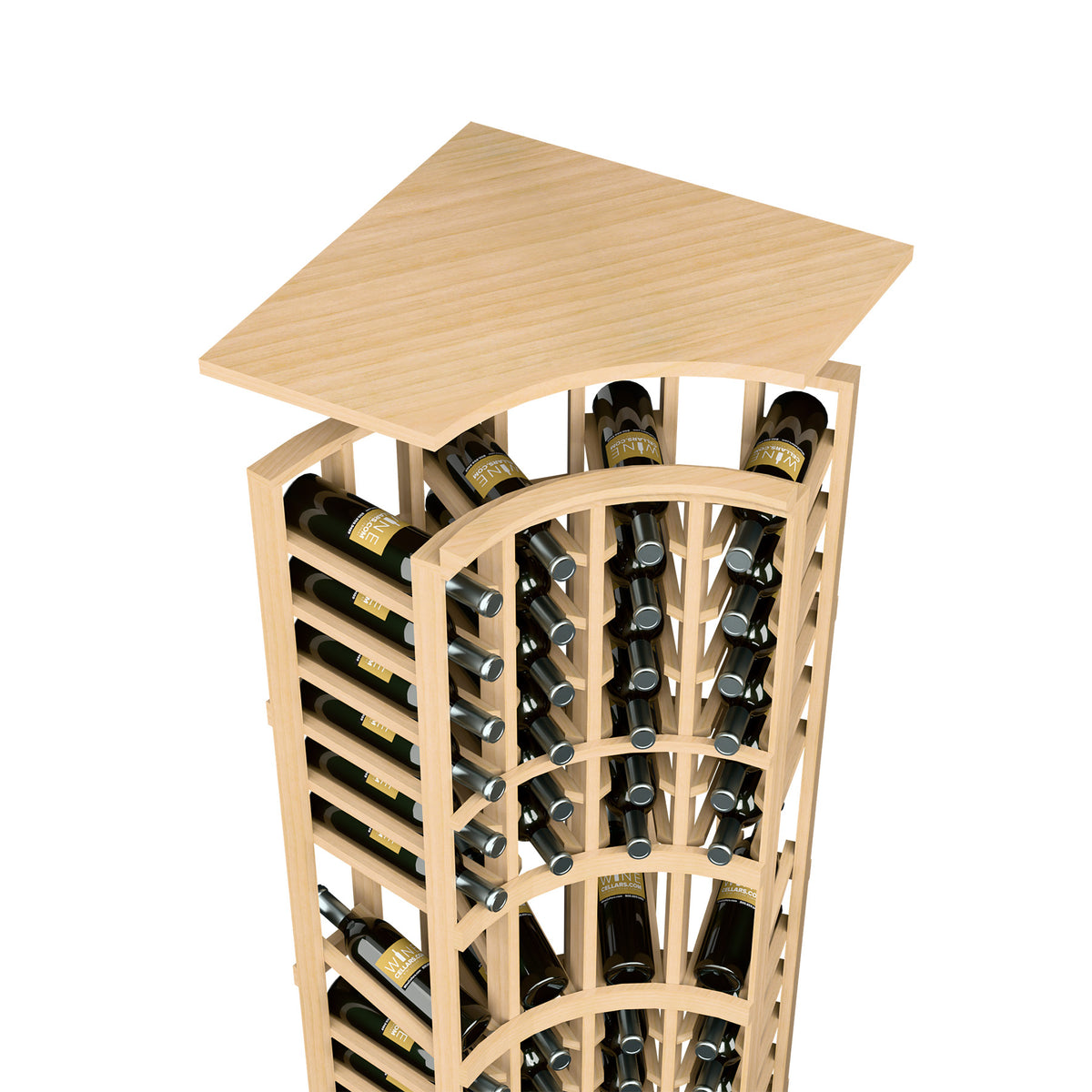 Light natural wood wine bottle rack with arched top shelf and circular bottle slots