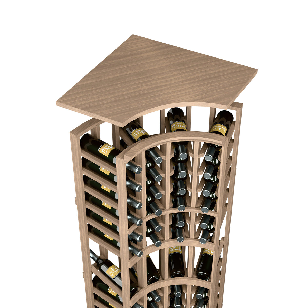 Medium brown stained wood wine bottle rack with arched top shelf and circular holders