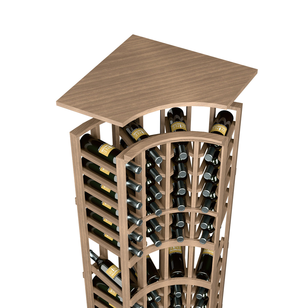 Medium brown stained wood wine bottle rack with arched top shelf and circular bottle slots
