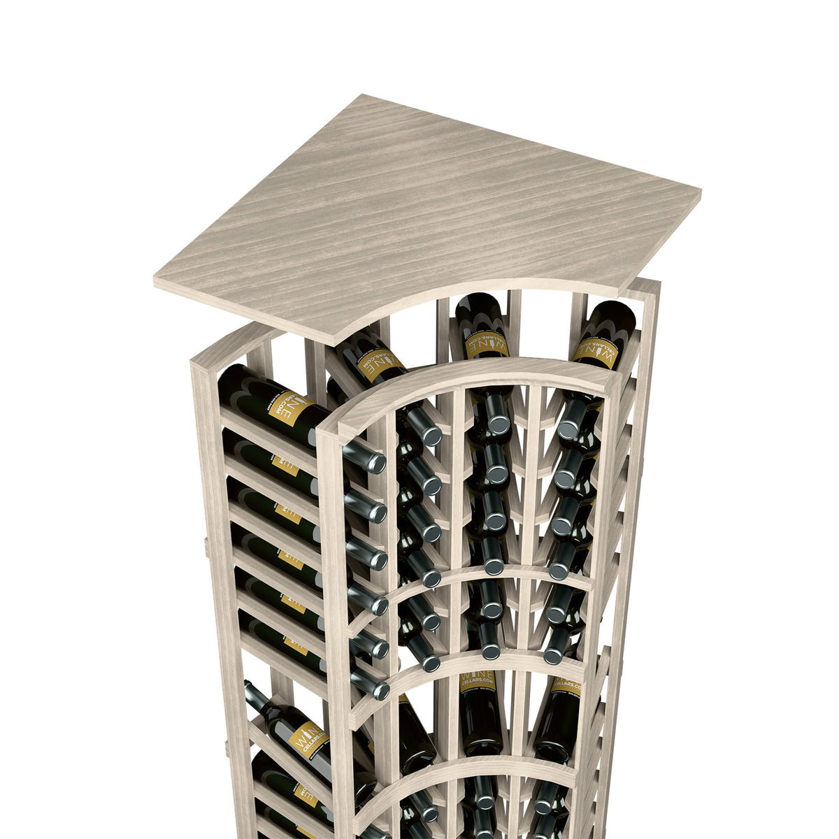 Light gray wood wine rack top shelf with arched bottle holder and columns