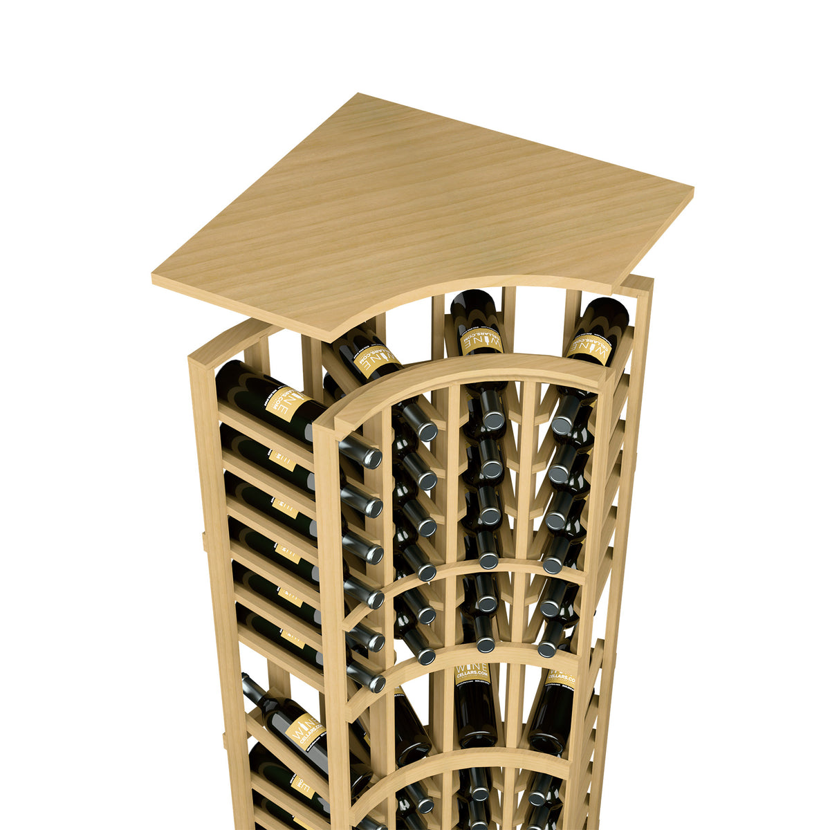Natural wood wine rack with angled top shelf and curved bottle storage columns