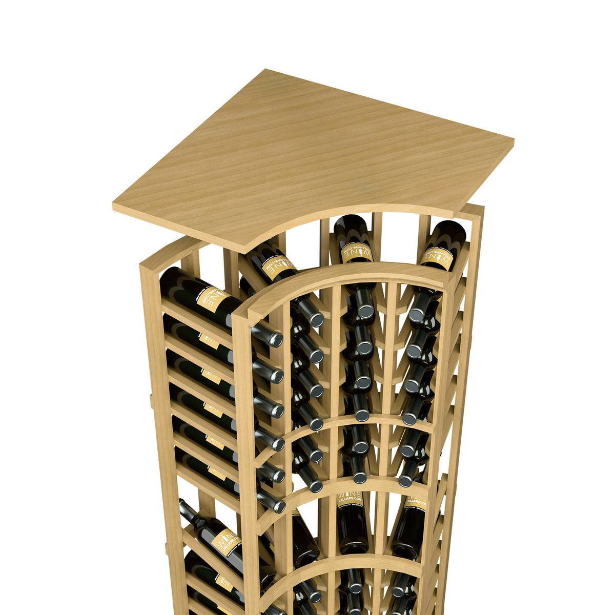 Warm tan wood wine rack top shelf with curved bottle holder and storage columns