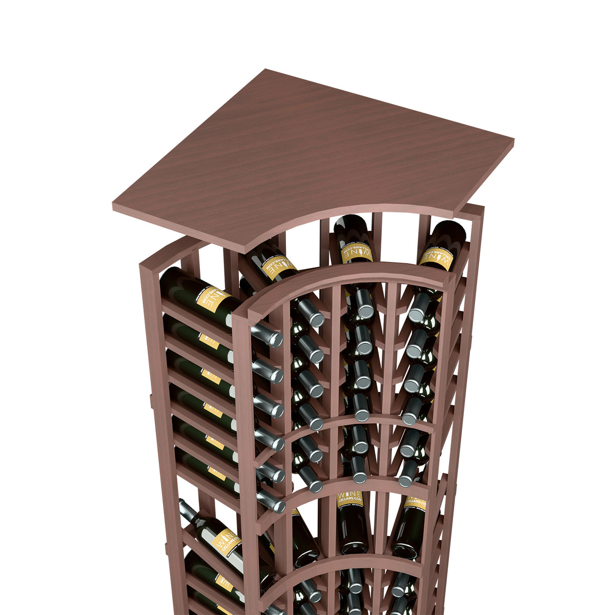 Espresso-brown wood wine rack with angled top shelf and arched bottle storage