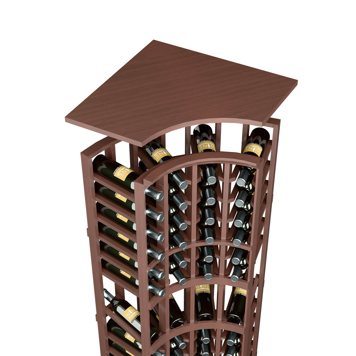 Dark brown wood wine rack top shelf with curved bottle holder and storage columns