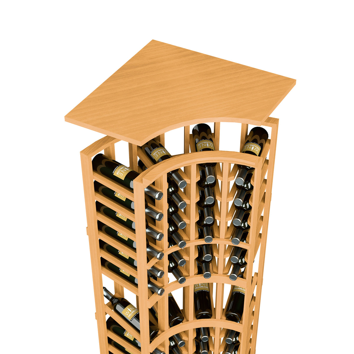 Light honey wood wine rack with angled top shelf and arched bottle storage columns