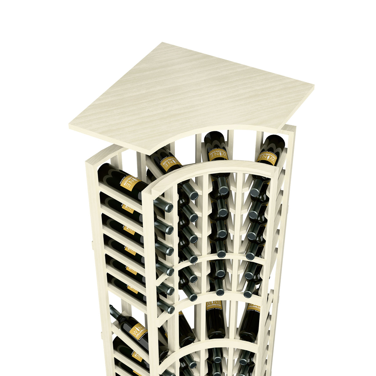 Whitewashed wood wine rack top shelf with arched bottle holder and storage columns