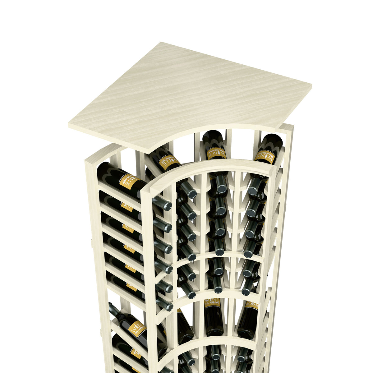 White wood wine rack with angled top shelf and curved bottle storage columns