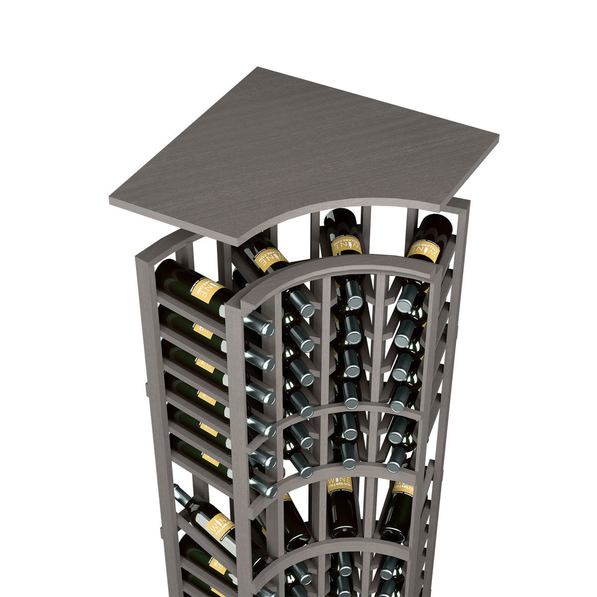 Dark grey curved-top wine bottle rack with metal bottle holders and wooden top panel