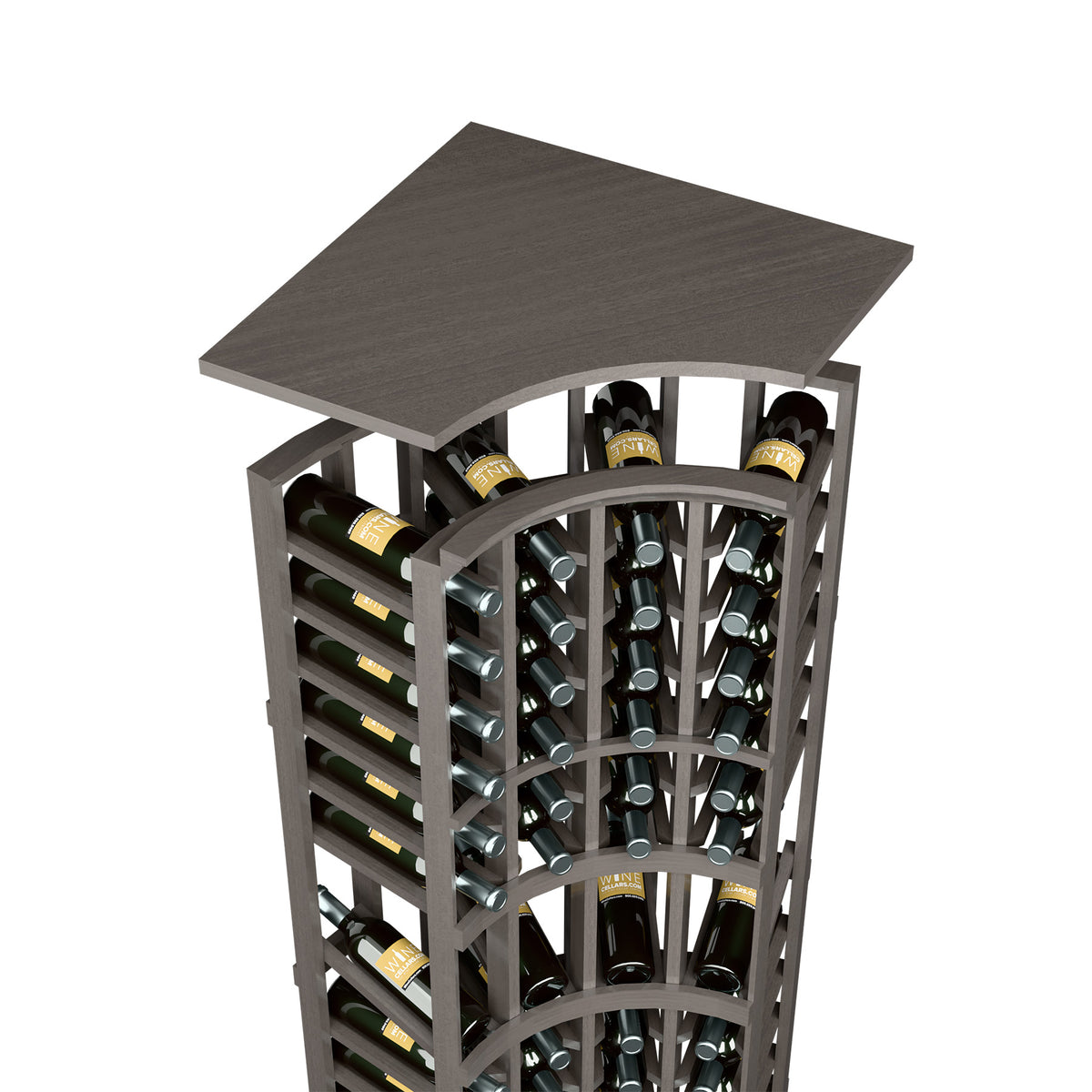 Dark grey curved-top wine bottle rack with metal bottle holders and arched wooden top