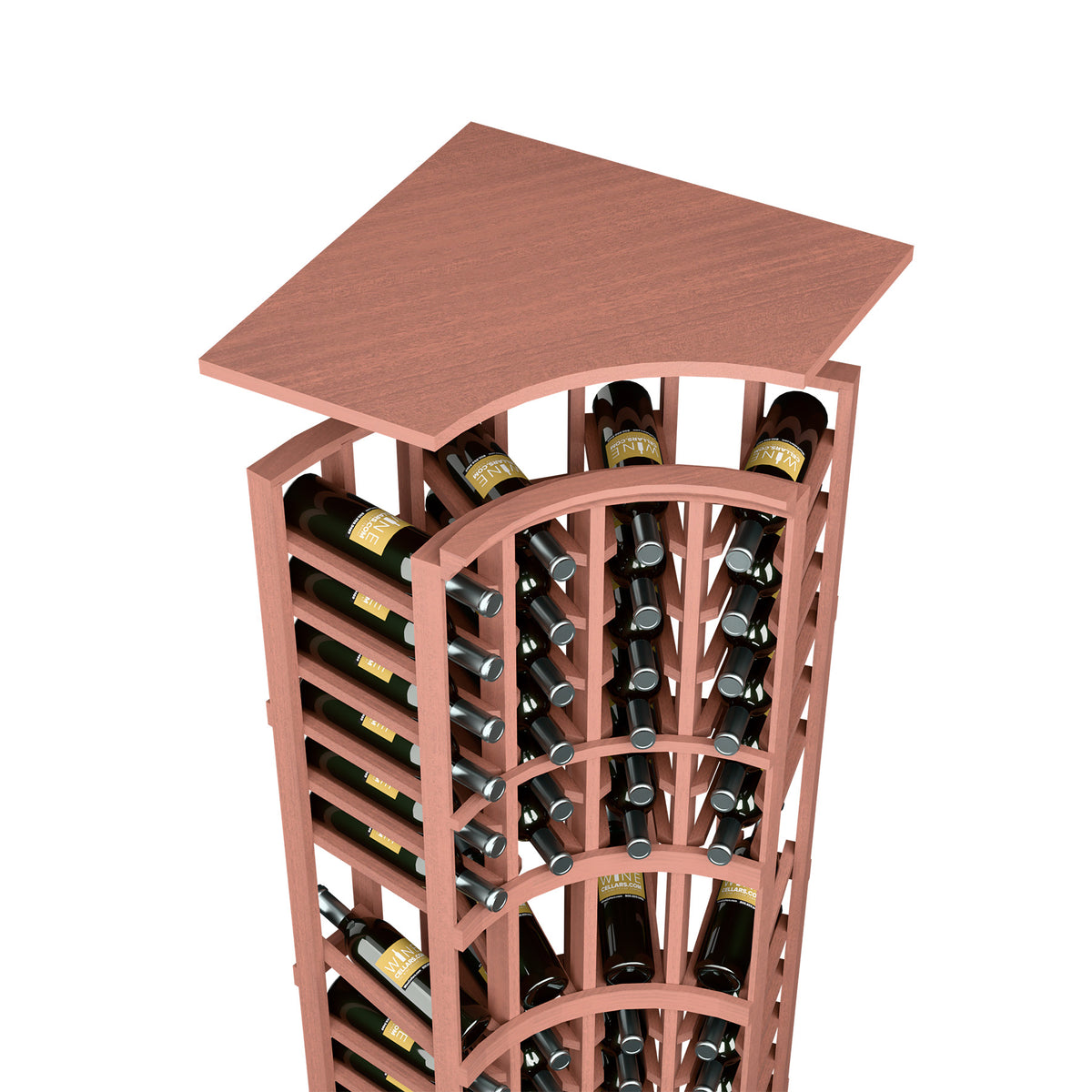Reddish-brown curved-top wine bottle rack with metal bottle holders and wooden top panel