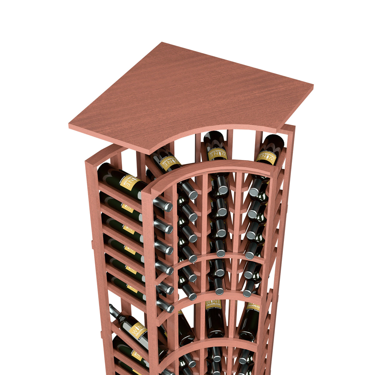 Reddish-brown curved-top wine bottle rack with metal bottle holders and arched wooden top