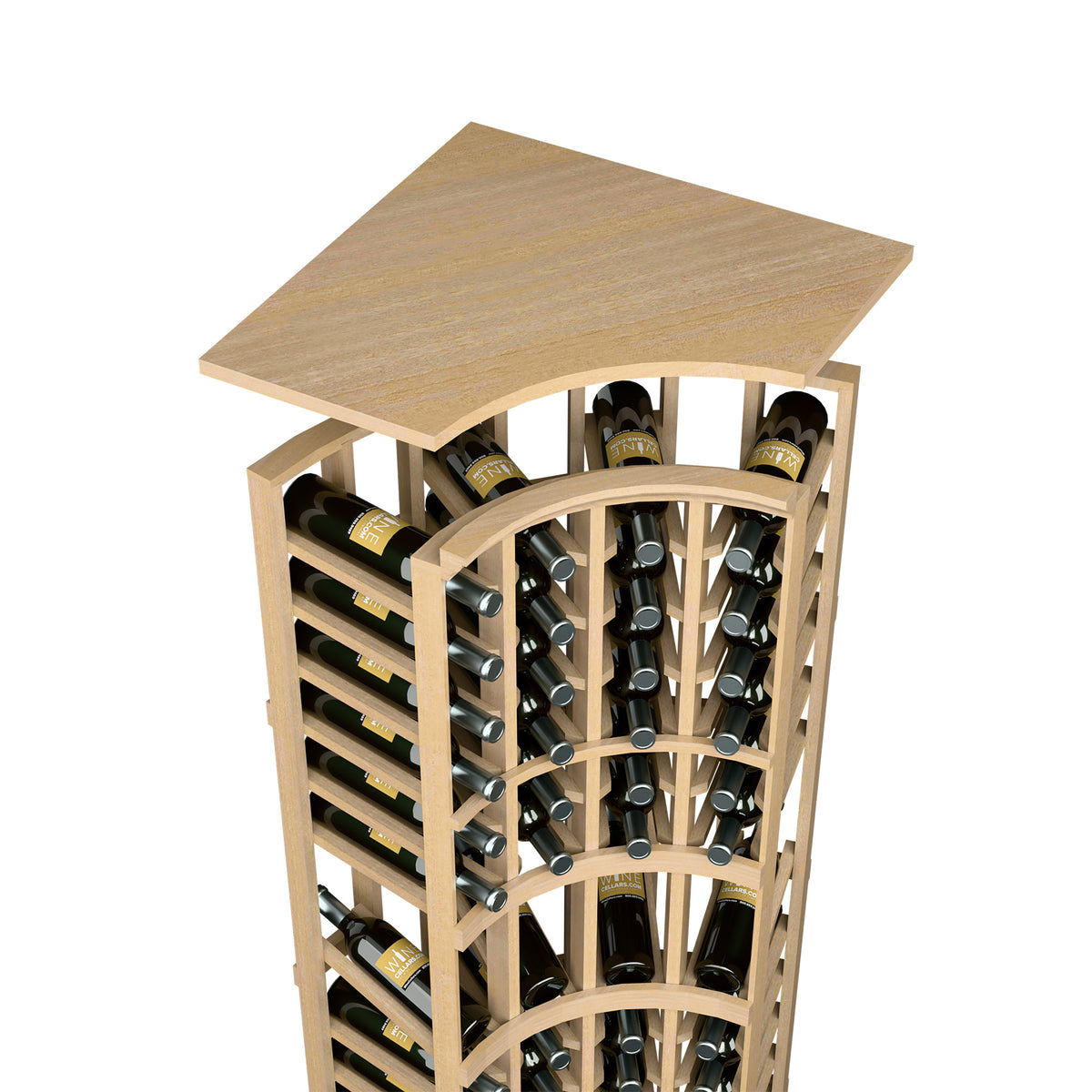 Light tan curved-top wine bottle rack with metal bottle holders and arched wooden top