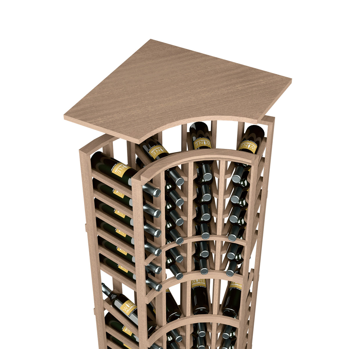 Warm light brown curved-top wine bottle rack with metal bottle holders and wooden top