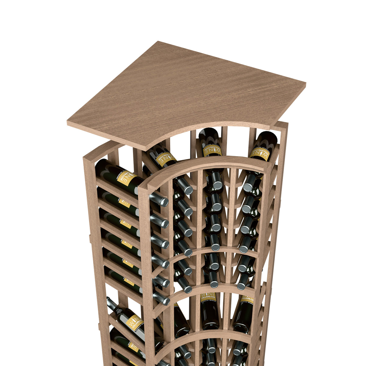 Warm light brown curved-top wine bottle rack with metal bottle holders and arched wooden top