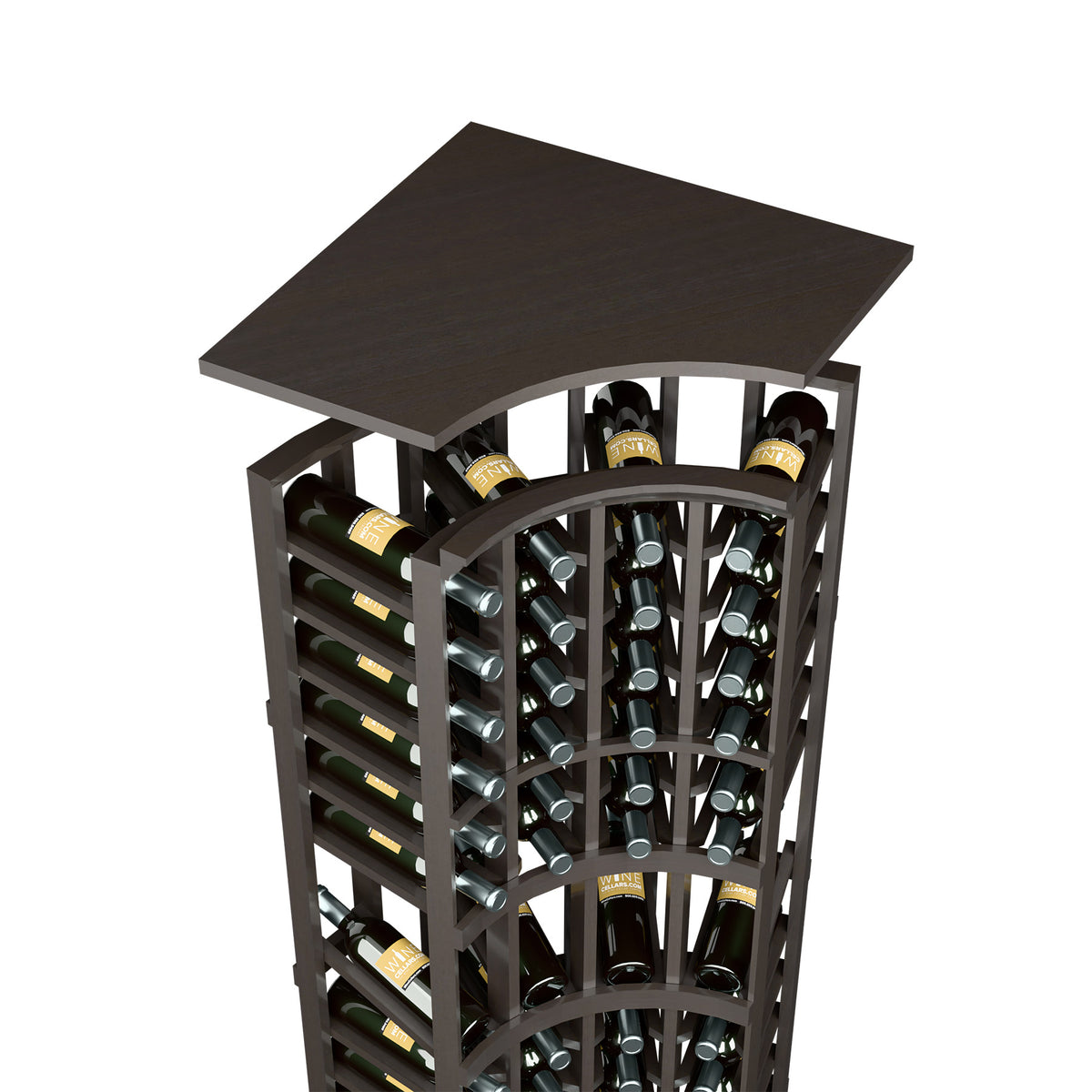 Dark grey curved-top wine bottle rack with metal bottle holders and arched wooden top