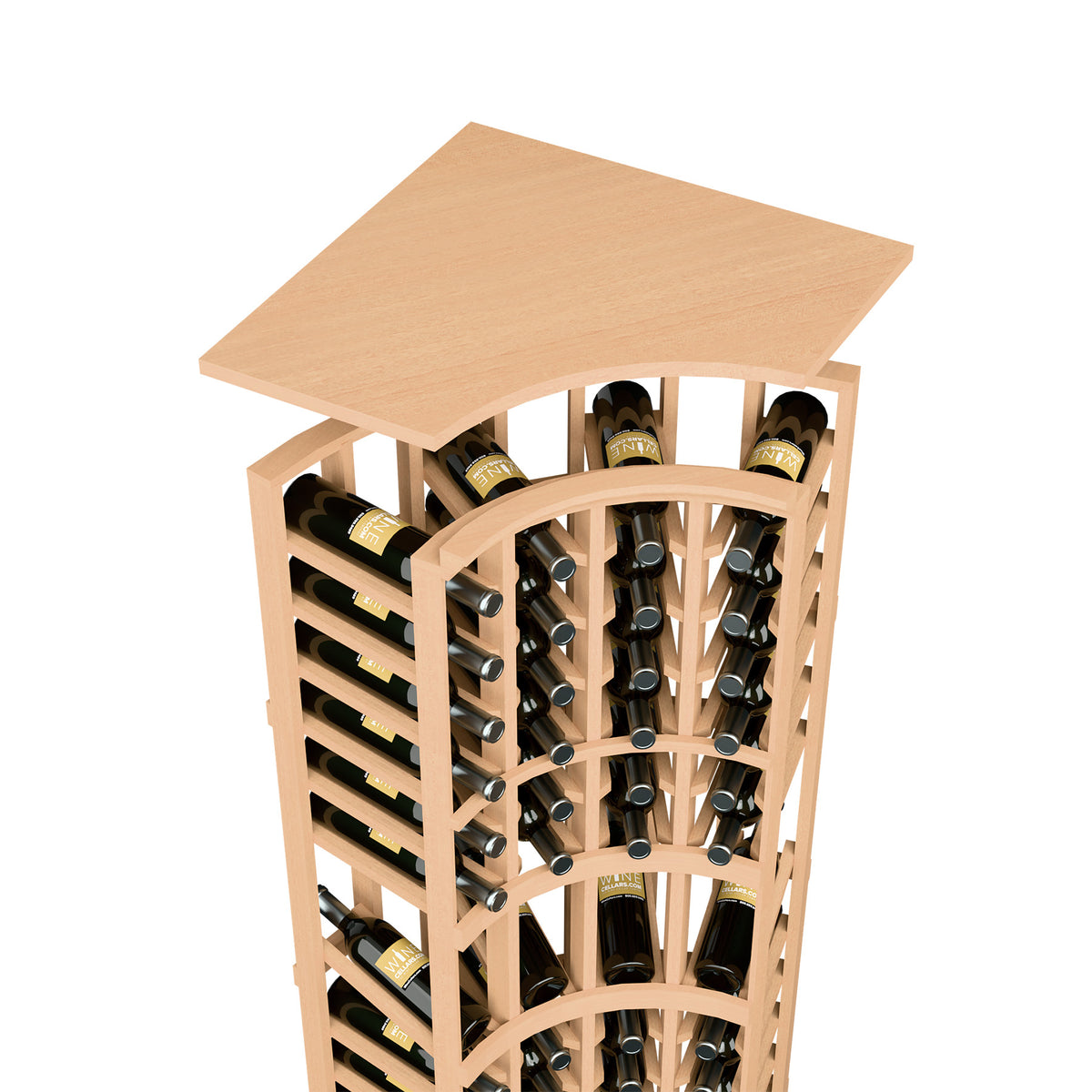 Light wood curved-corner wine bottle rack with arched front and top shelf
