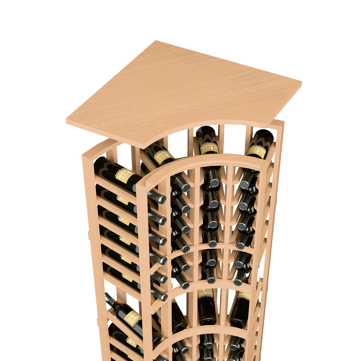 Light wood curved-corner wine bottle rack with arched front, bottles displayed