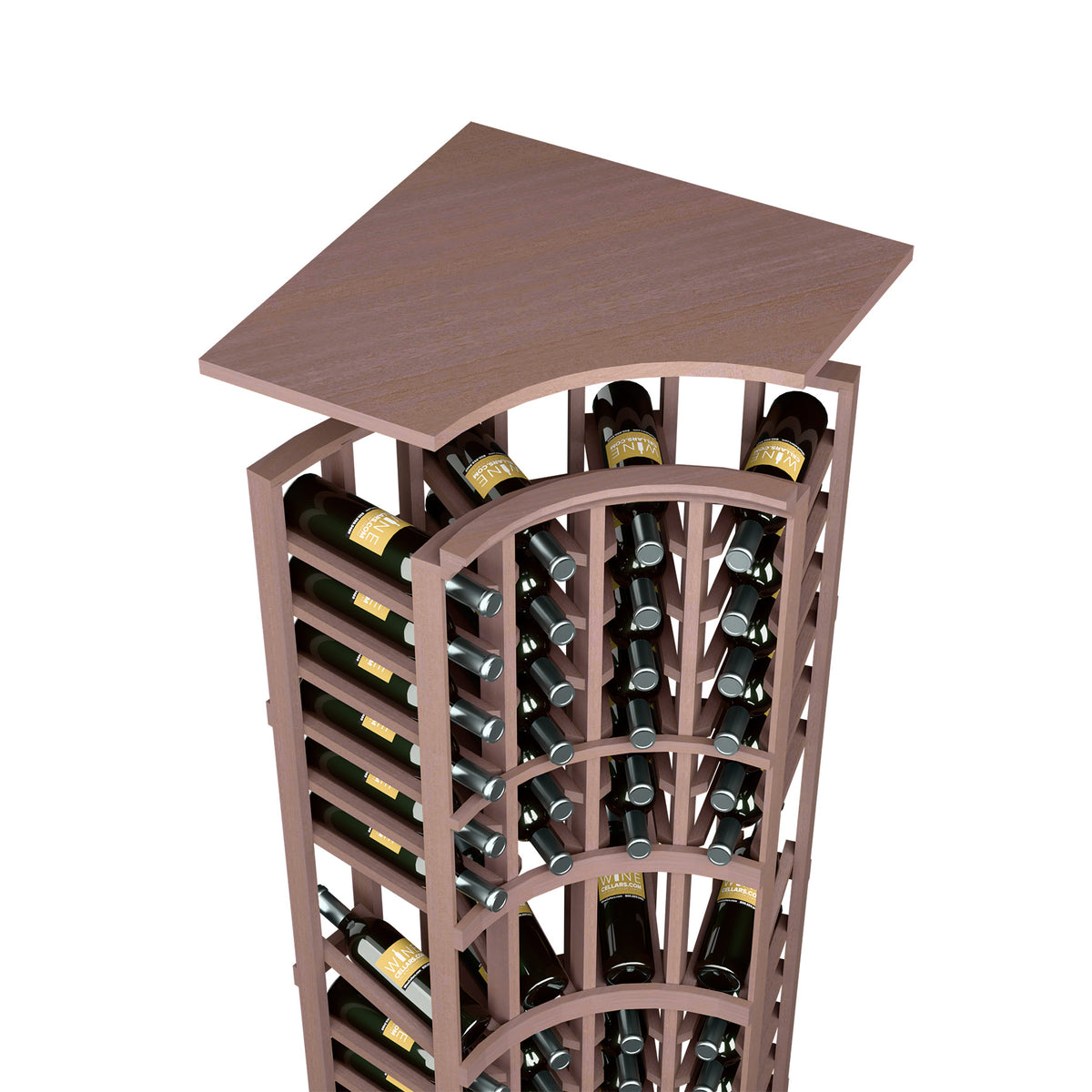 Dark brown curved-corner wine bottle rack with arched front and top shelf