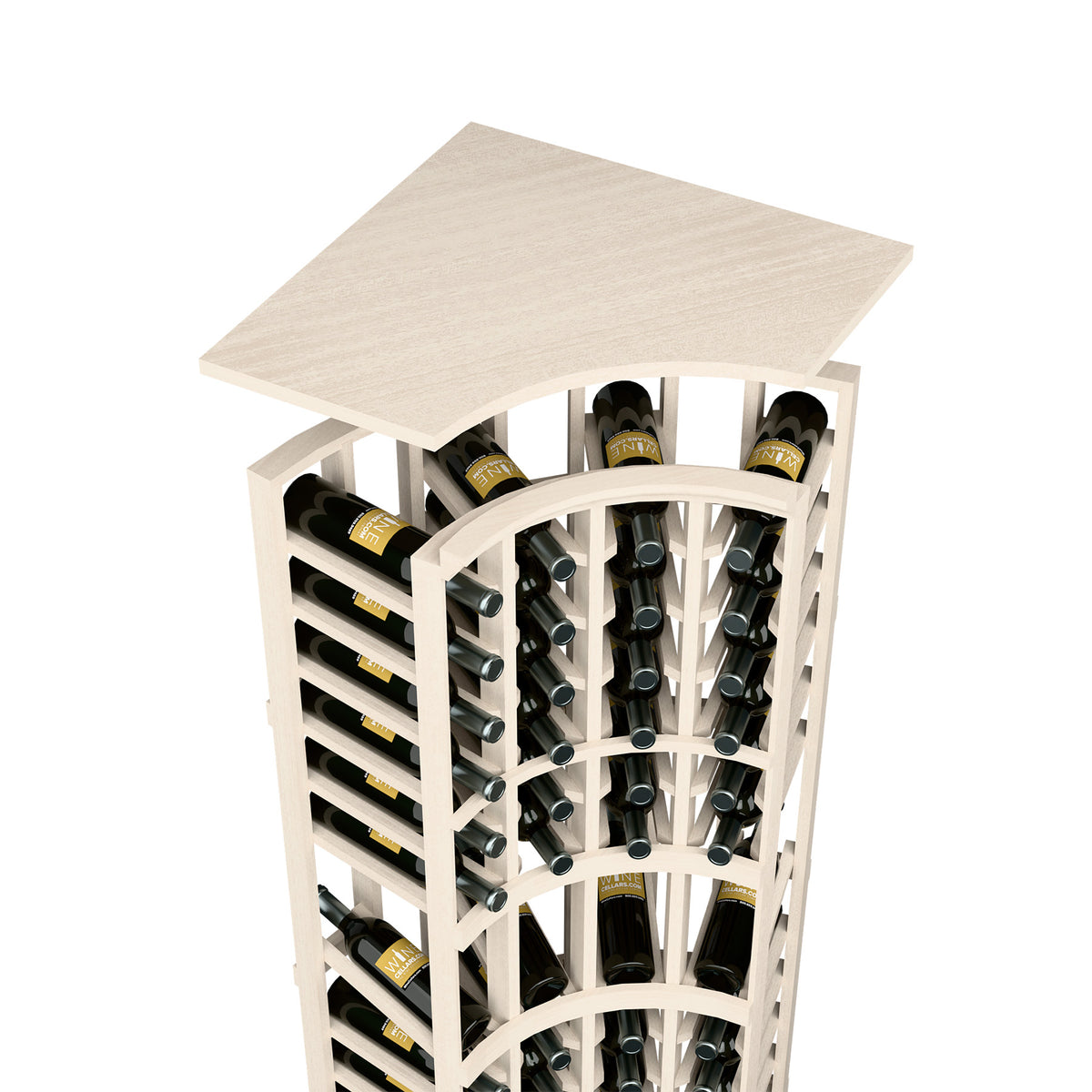 Whitewashed curved-corner wine bottle rack with arched front and top shelf