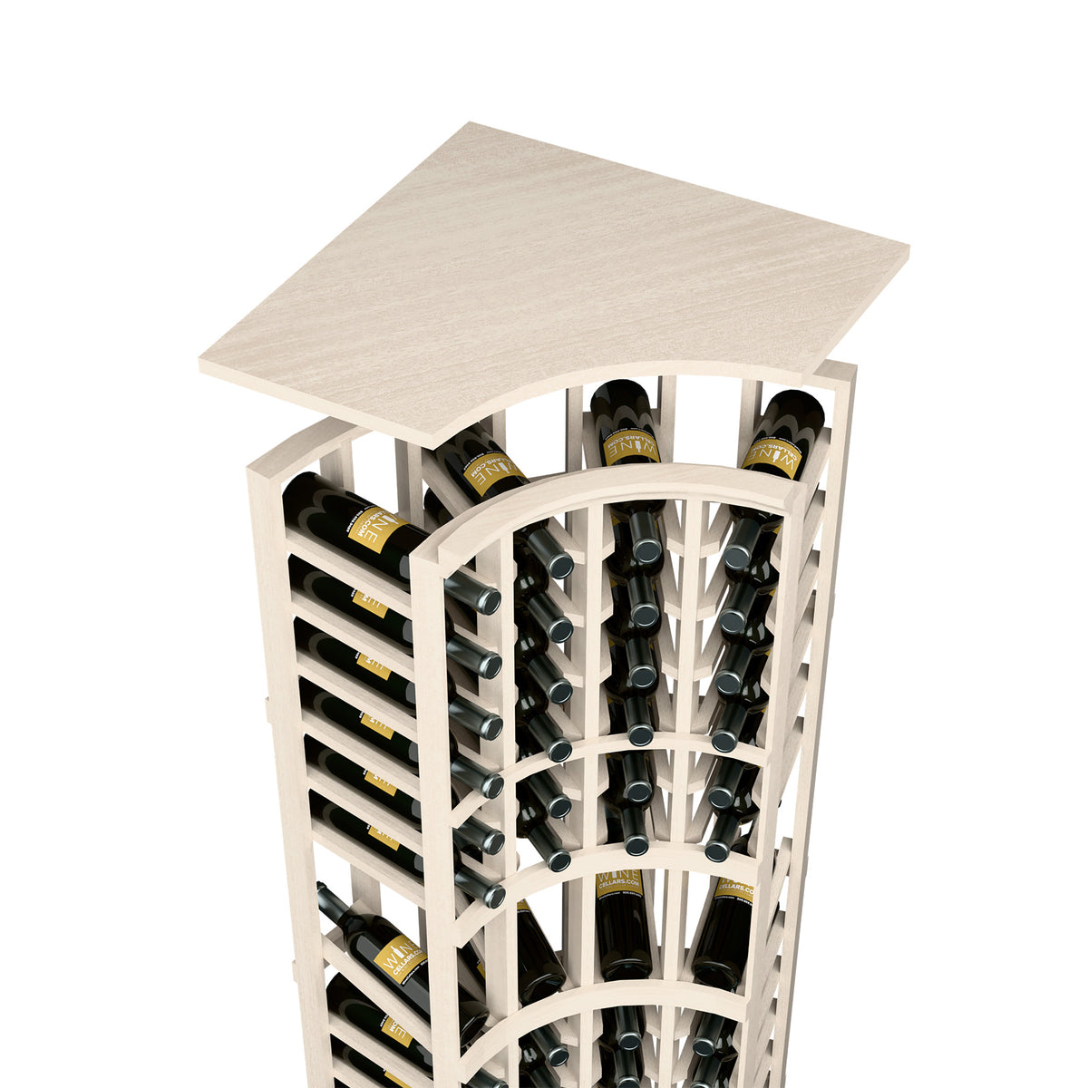 Whitewashed curved-corner wine bottle rack with arched front, bottles in slots